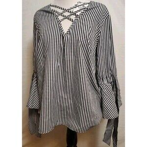 Tempted Black White Check Top 3/4 Bell Tie Sleeve Criss Cross Vneck Shirt Medium
